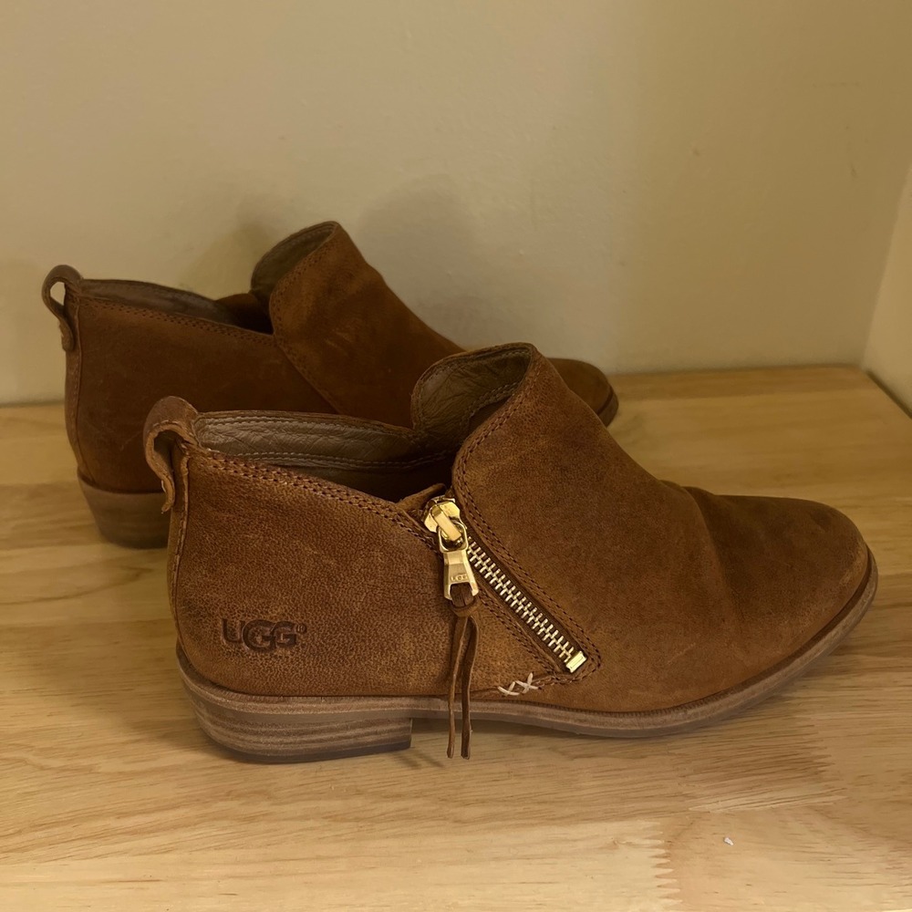 UGG Suede Ankle Boots Chestnut Brown Side Zip Booties 1020262 Womens 7